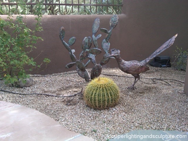 artscapelighting-copper-art-Roadrunner and pear cactus
